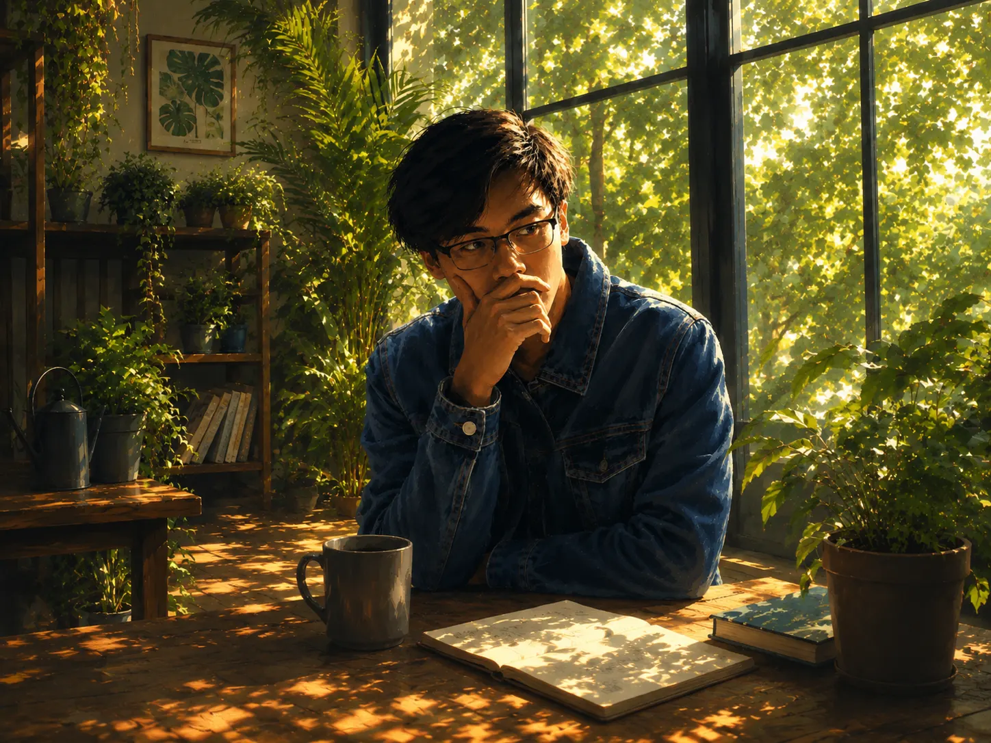 Sergei at a sunlit wooden table by a plant-filled window, in a denim jacket and glasses, a hand at his chin, a mug and open notebook in front of him.