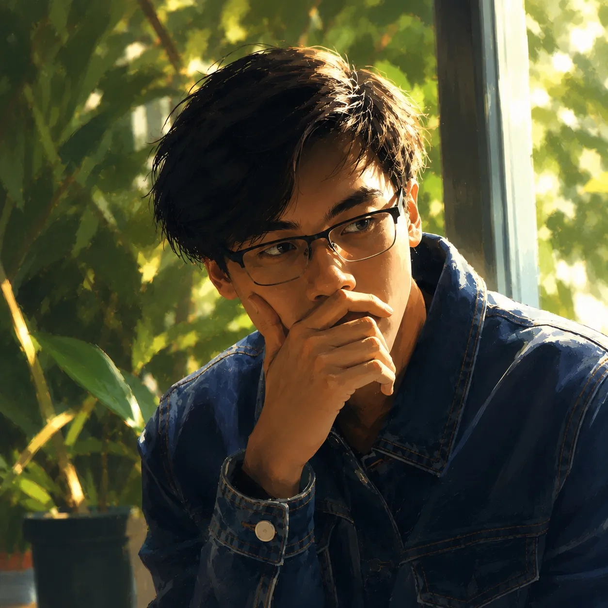 Sergei Borja in a denim jacket and glasses, a hand at his chin, considering something off-frame.