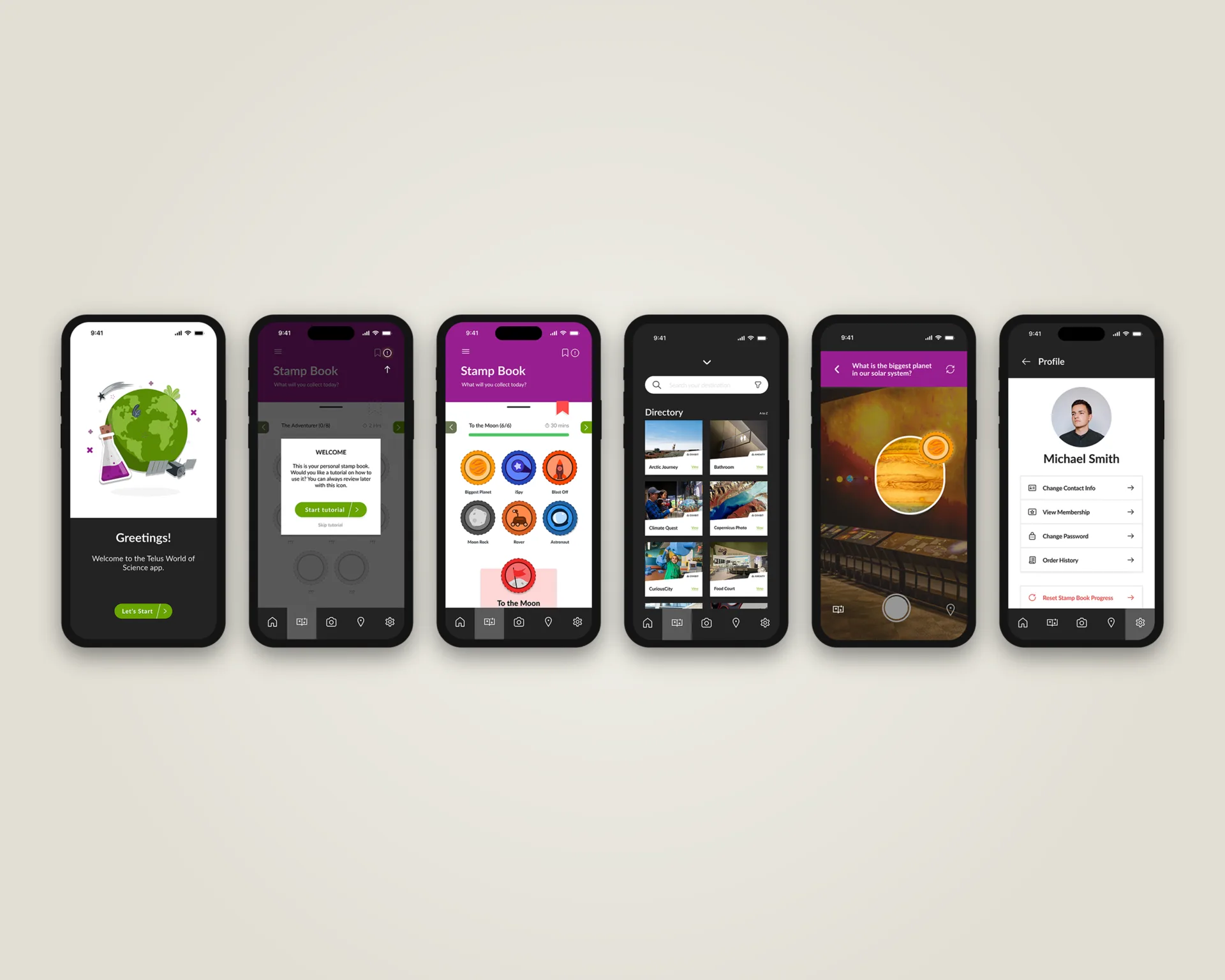 The Telus AR guidebook prototype: six app screens in a row, from the welcome and stamp book to the exhibit directory, the AR scanner, and the profile.