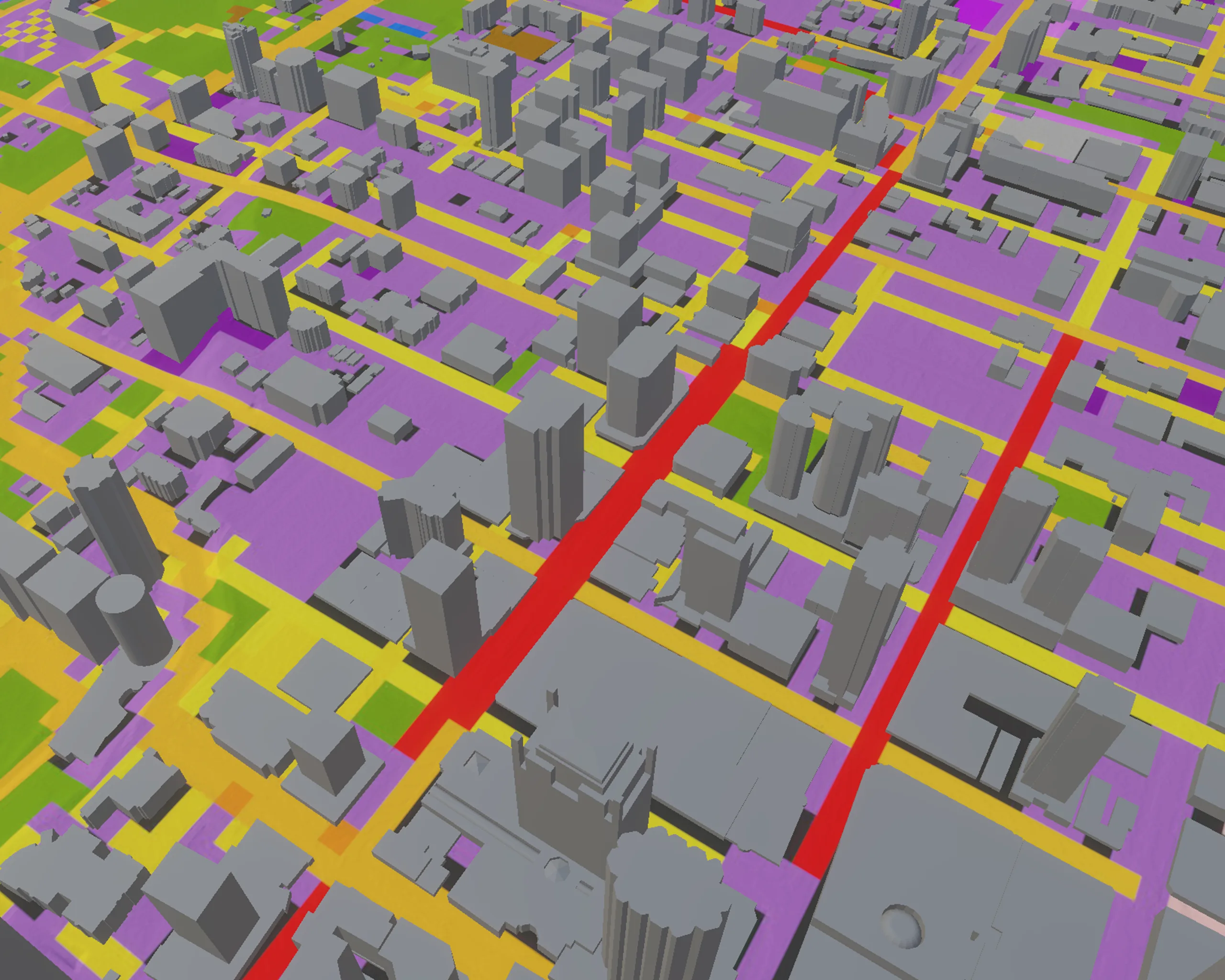 The Spatial Data Explorer in the headset: a 3D view of Edmonton with the data layers on, land use in purple and road density in red over the city.
