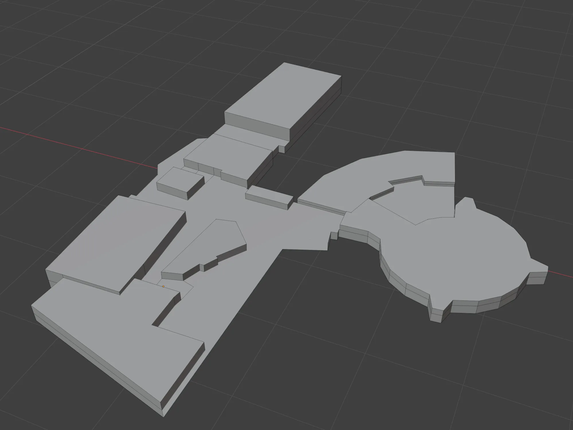 Initial 3D model of the museum layout showing connected exhibit spaces.