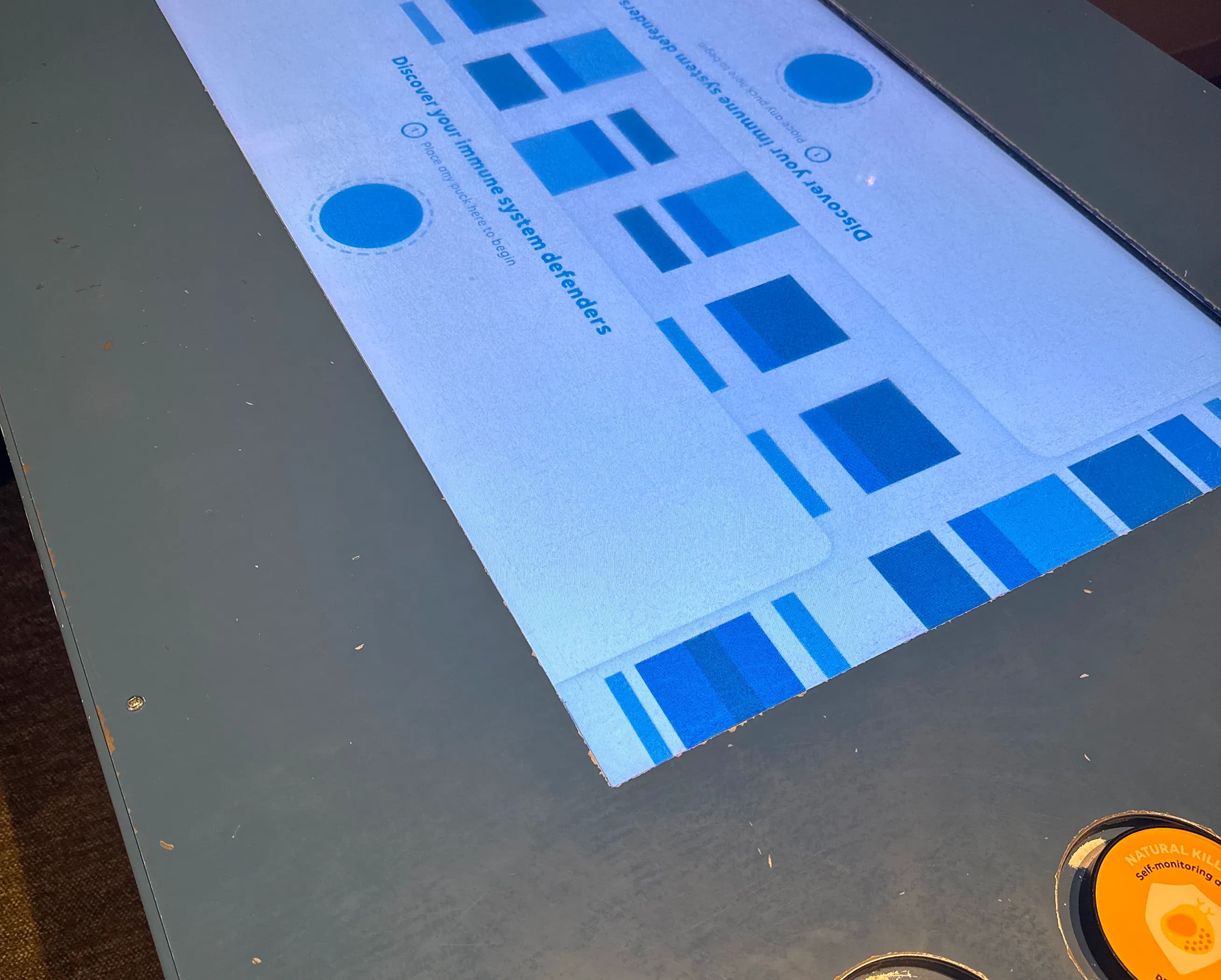 An exhibit table in the Health Zone with an interactive tablet and buttons that can change what displays on the screen.