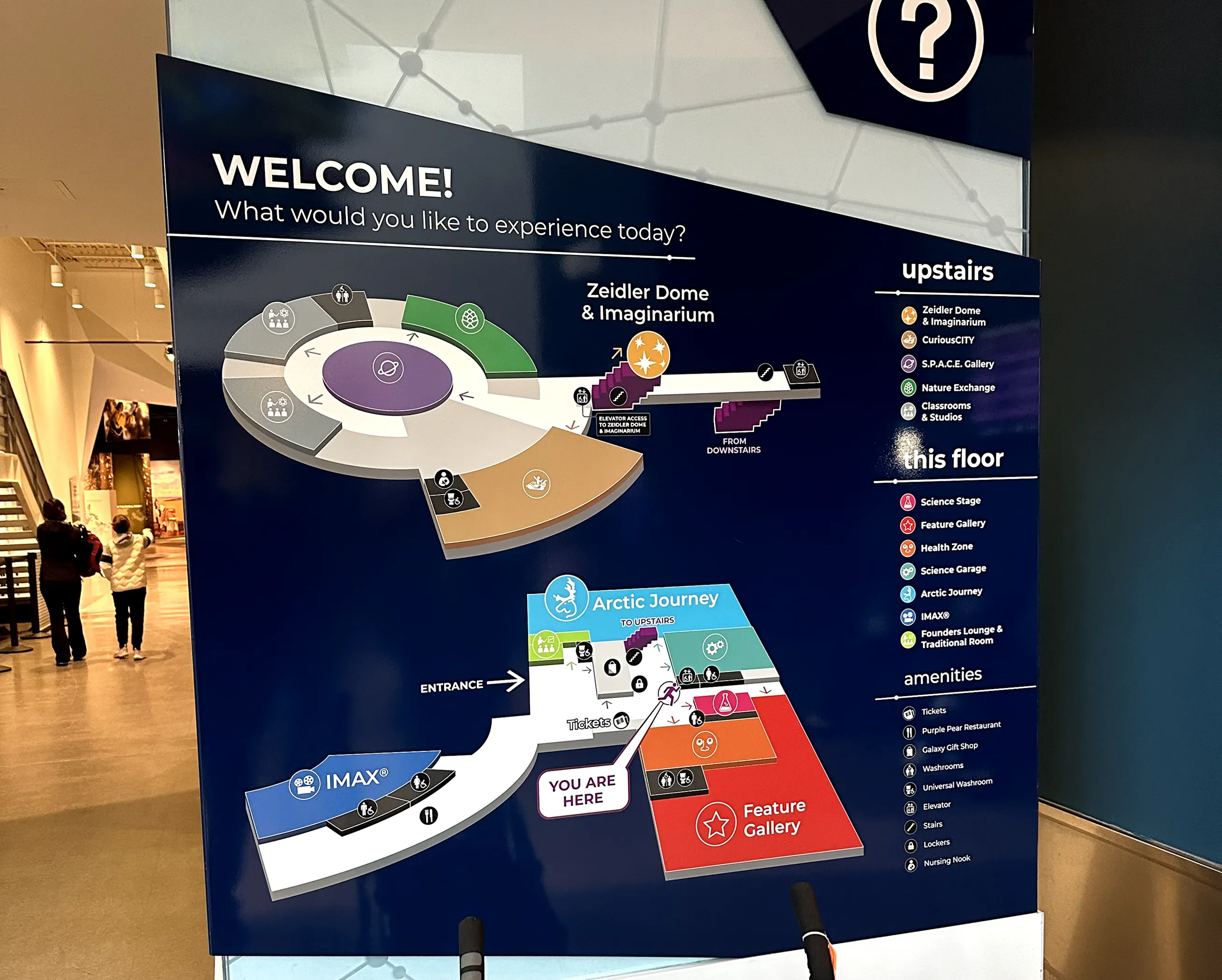 A map at Telus World of Science, showing a colour-coded floor plan with several exhibits and areas with a ‘You Are Here’ marker and arrows guiding visitors.