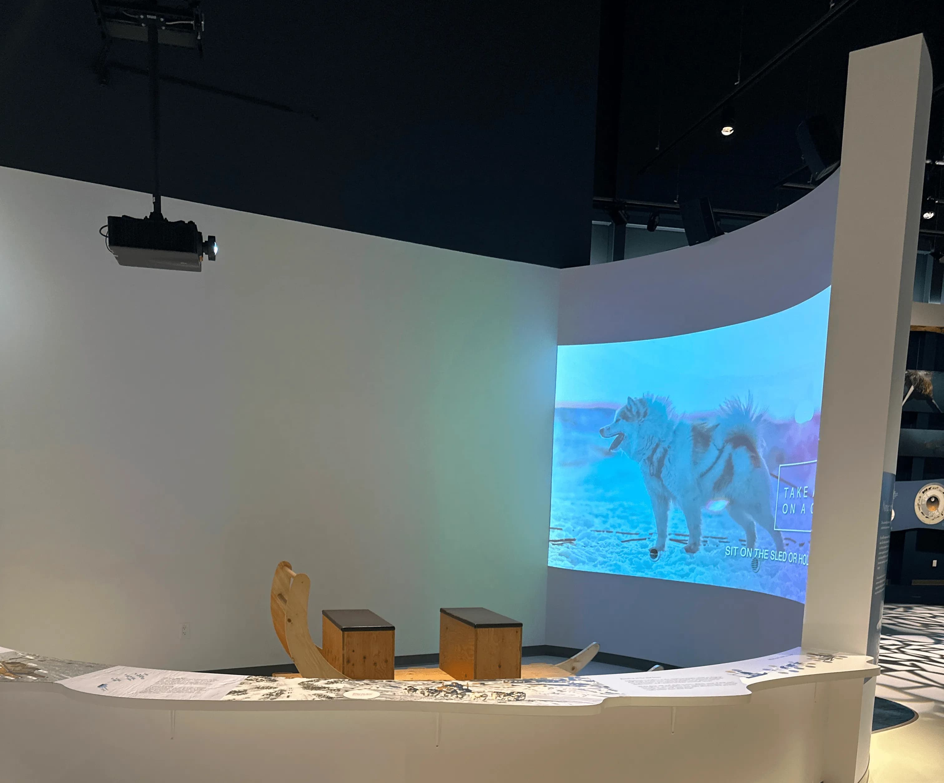 Photo of the Arctic Journey exhibit’s immersive area with a wall projection for some story-based interaction.