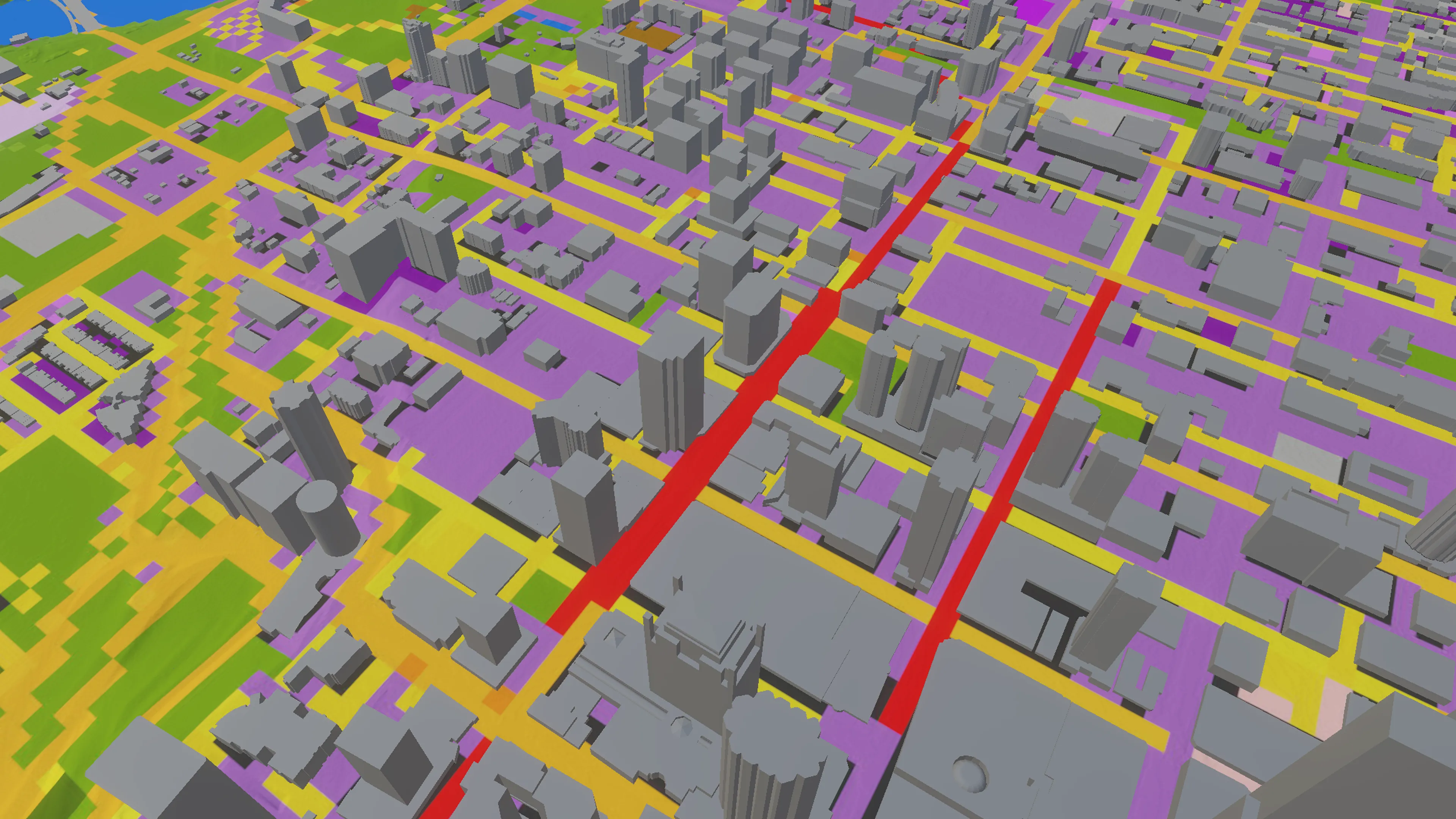 VR view of Edmonton with colored data layers under on the 3D model.