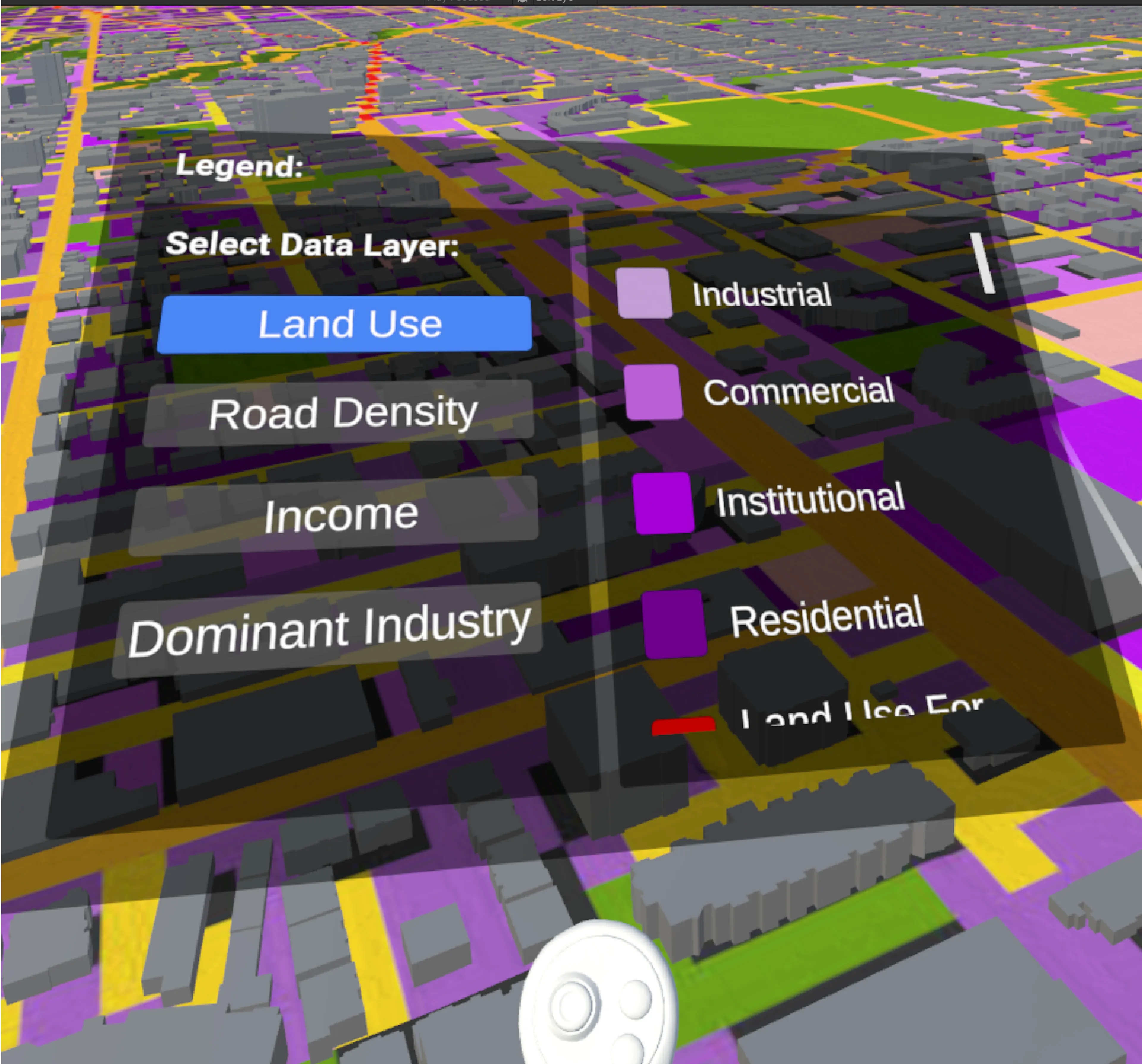 VR legend panel listing data layers and their color-coded symbols.