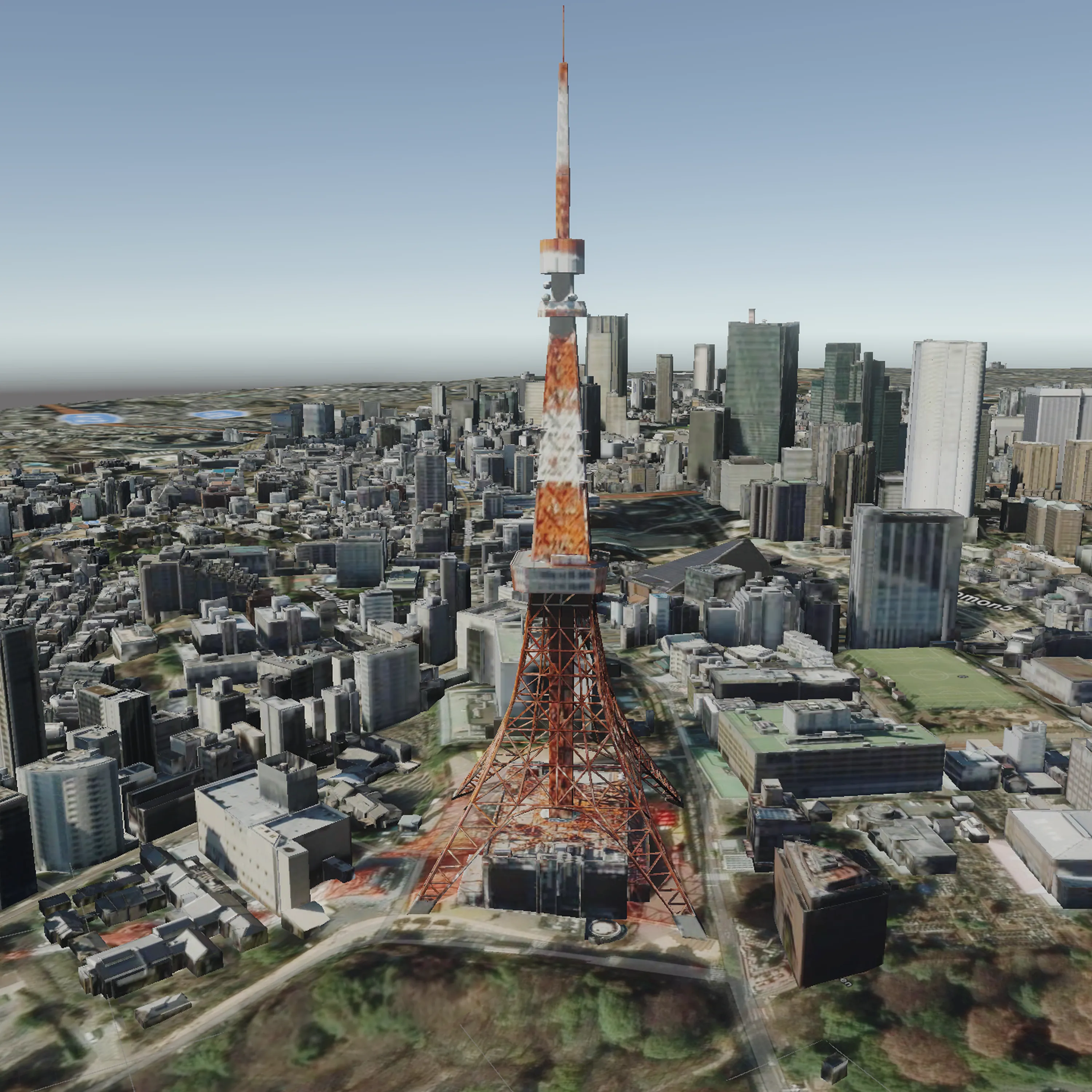 VR view of Tokyo with detailed textured buildings.