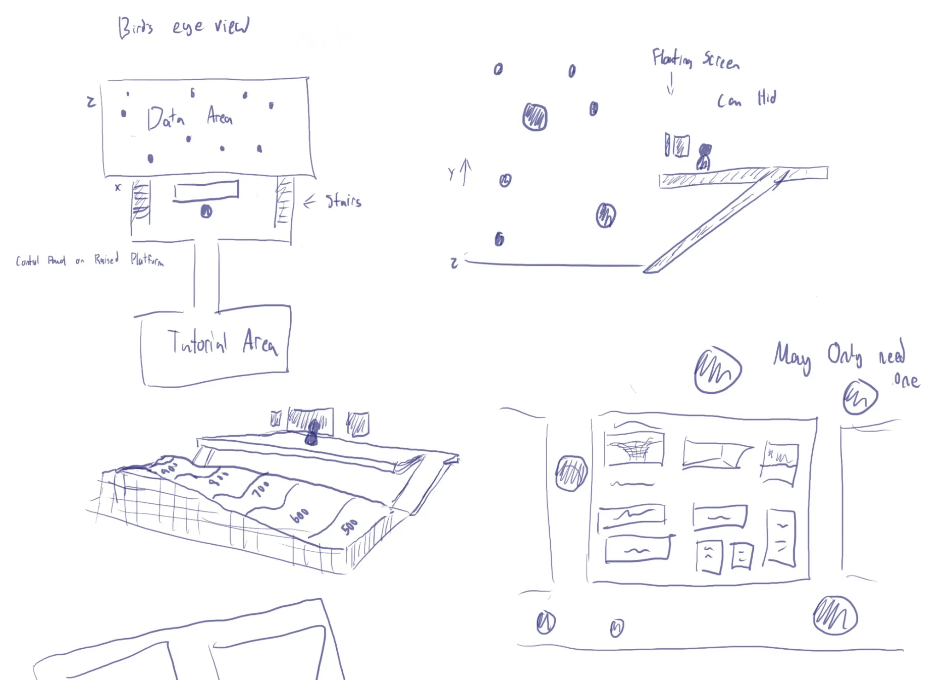 Hand-drawn sketches of floating info screens and point-of-interest markers in 3D space.