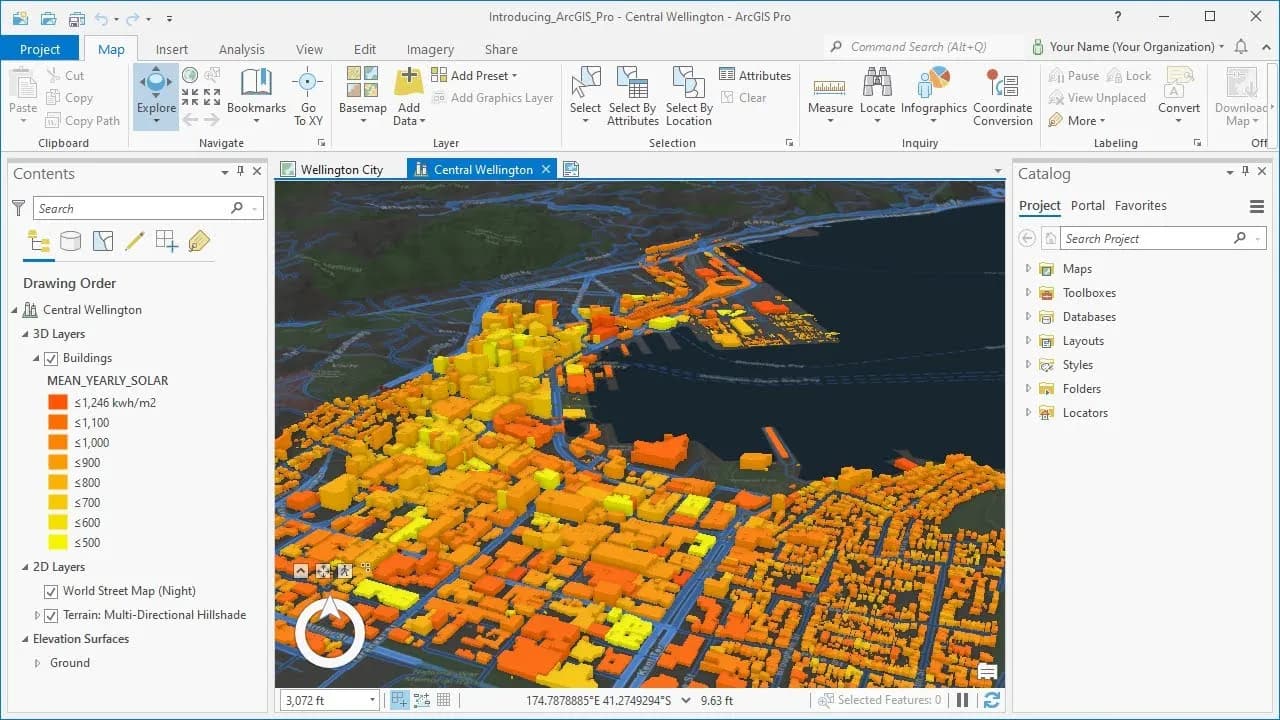 ArcGIS Pro 3D view of Wellington buildings colored by annual solar potential.