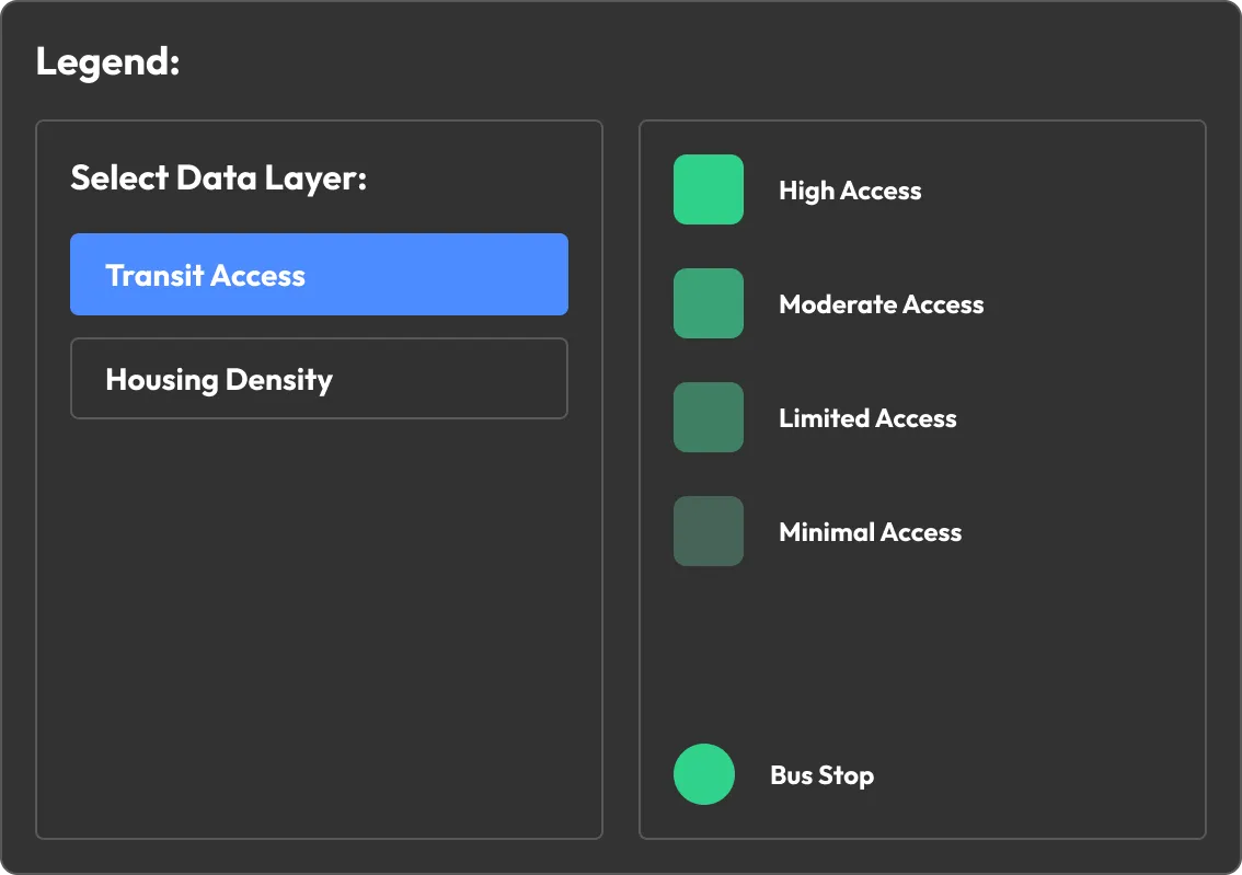 Wireframe legend panel listing data layers and color-coded symbols.