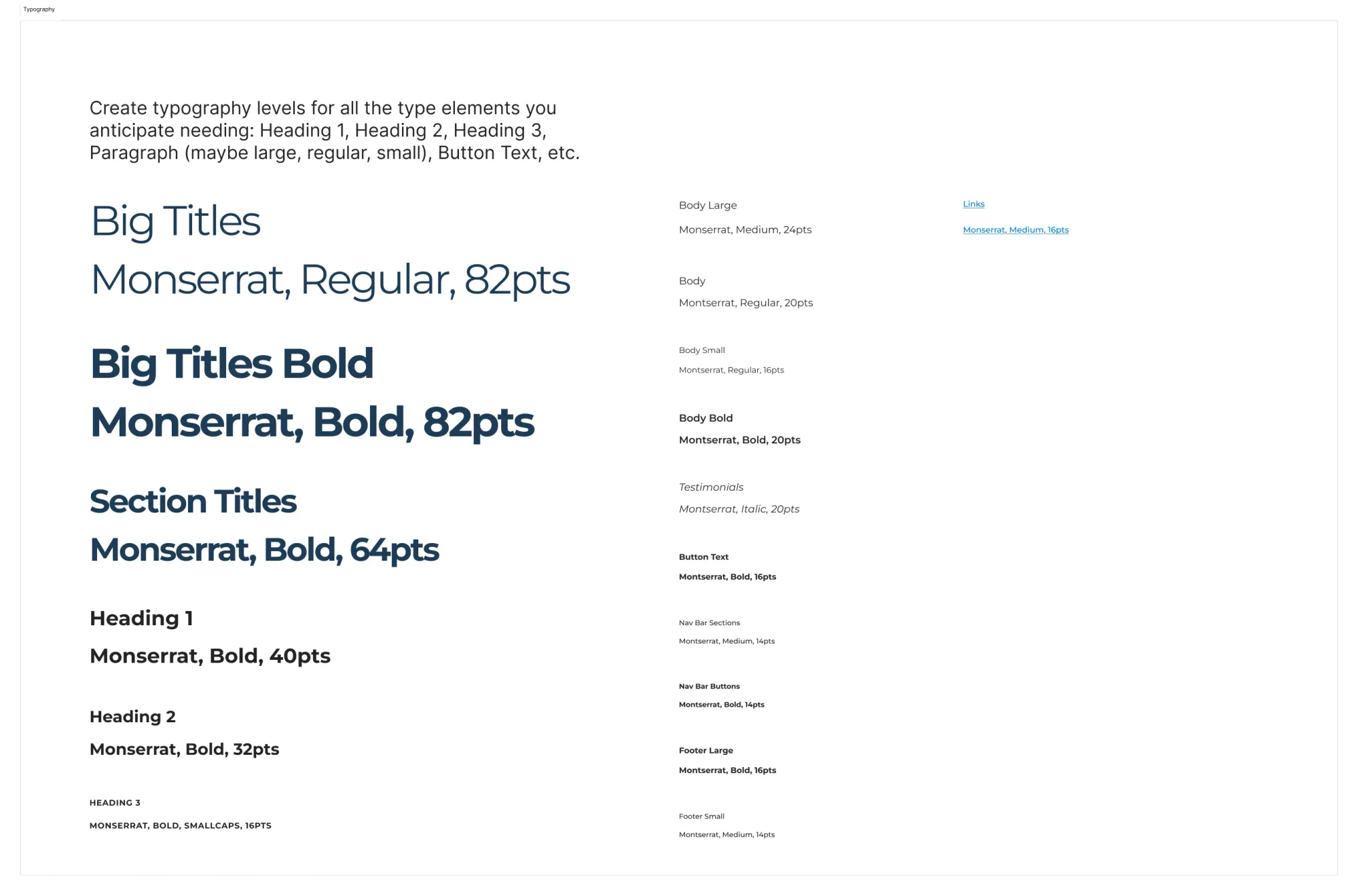 Excel Society's typography system: heading levels and body styles set in Montserrat, with labelled sizes.