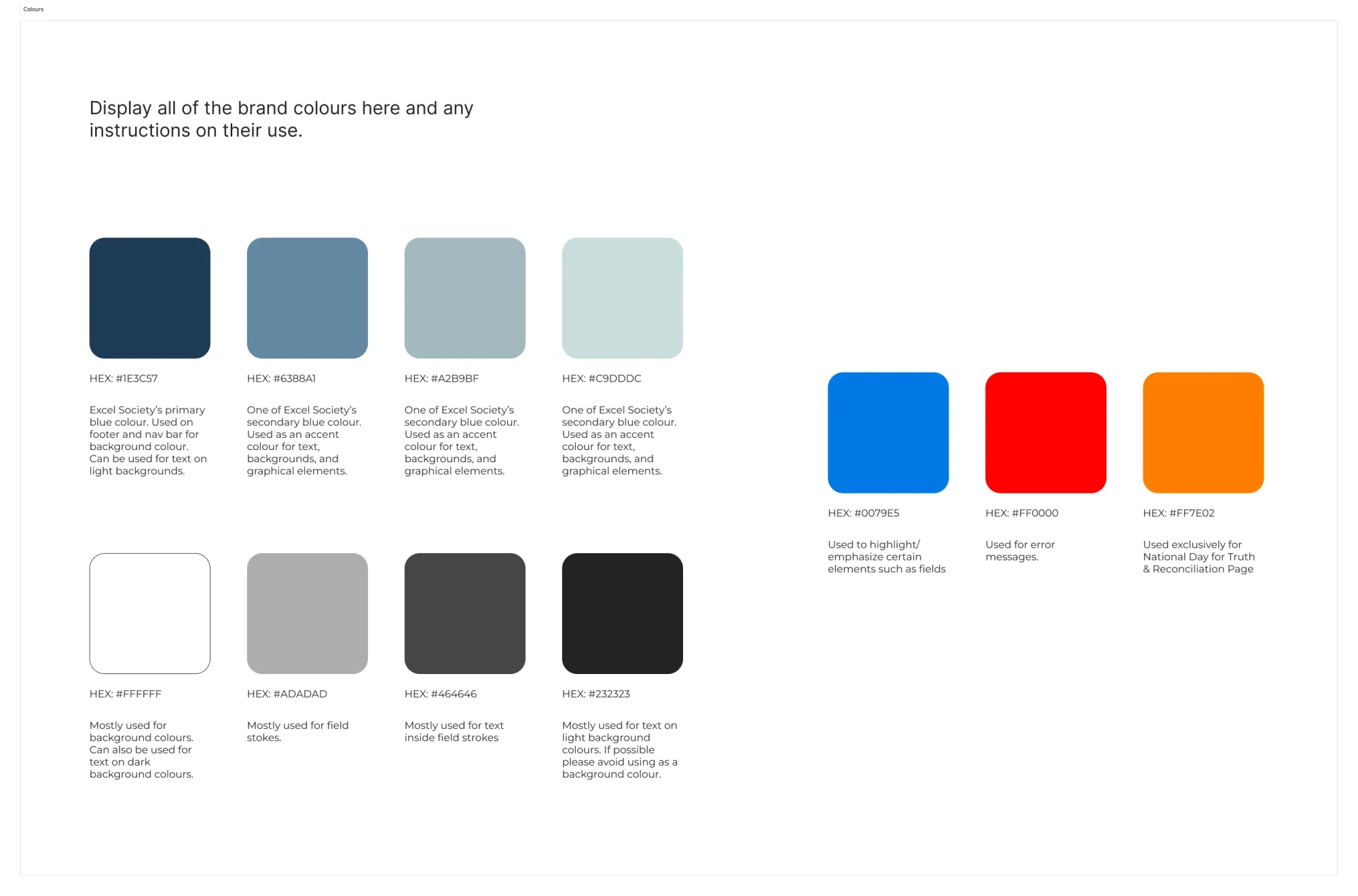 Excel Society's colour system: primary and secondary blues plus orange and red accents, with hex codes and usage notes.