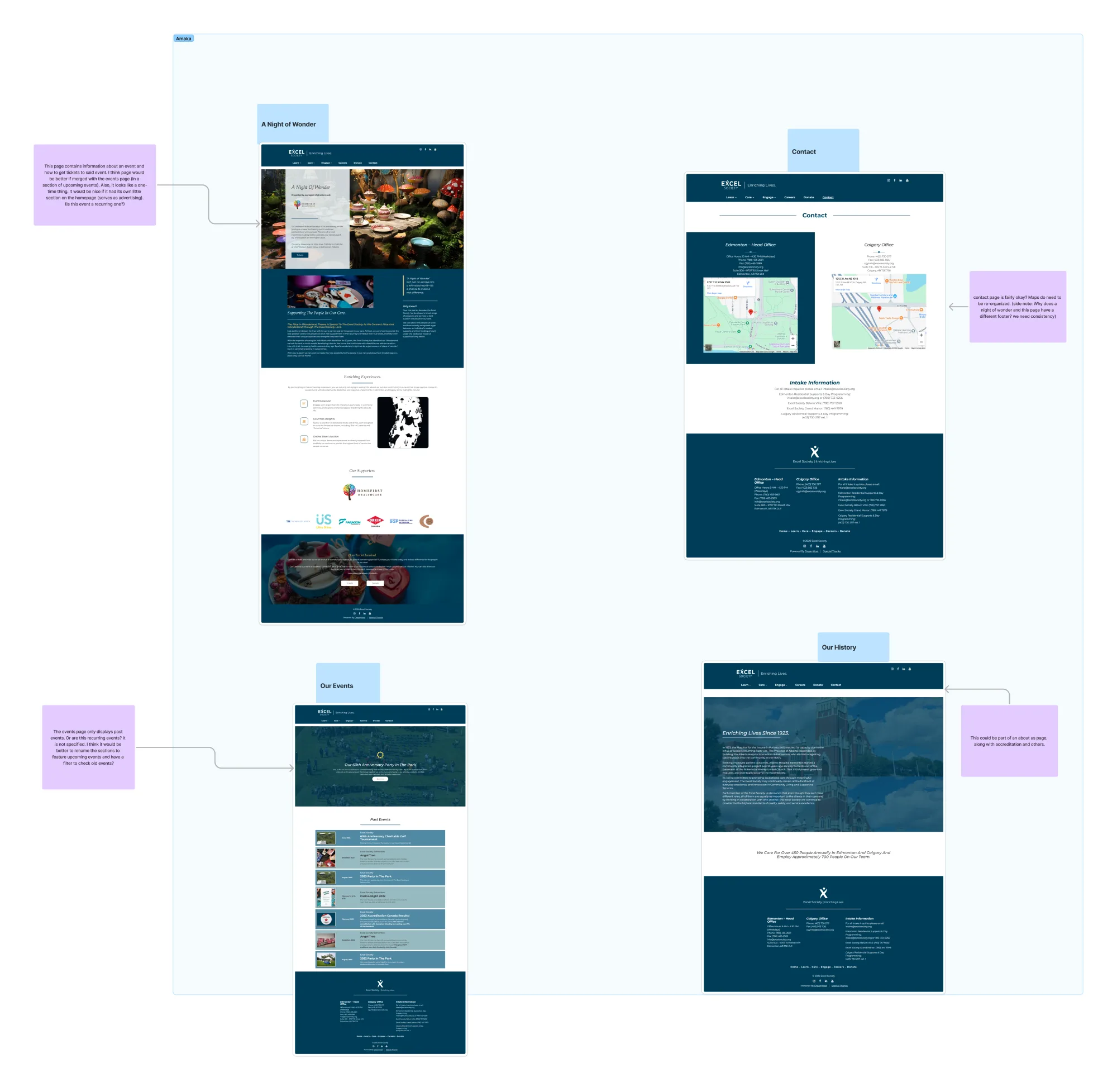 Amaka's content-audit board for the Excel Society site, annotated with arrows and sticky notes.