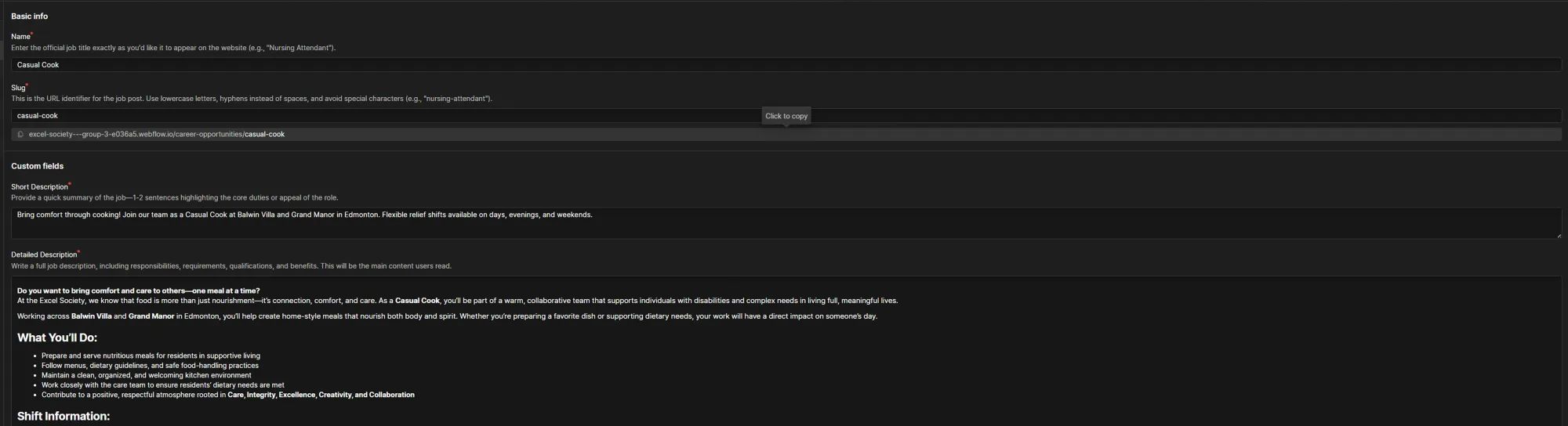 The Webflow CMS editor: a job-post entry with labelled fields and a description, built for staff to update without code.