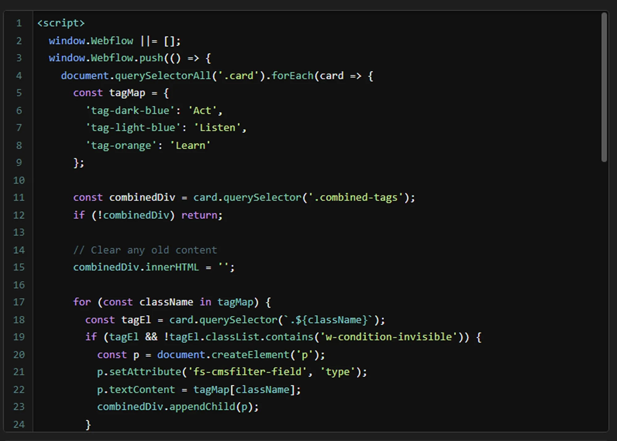 A custom JavaScript snippet used in the Webflow project to drive dynamic tag display.