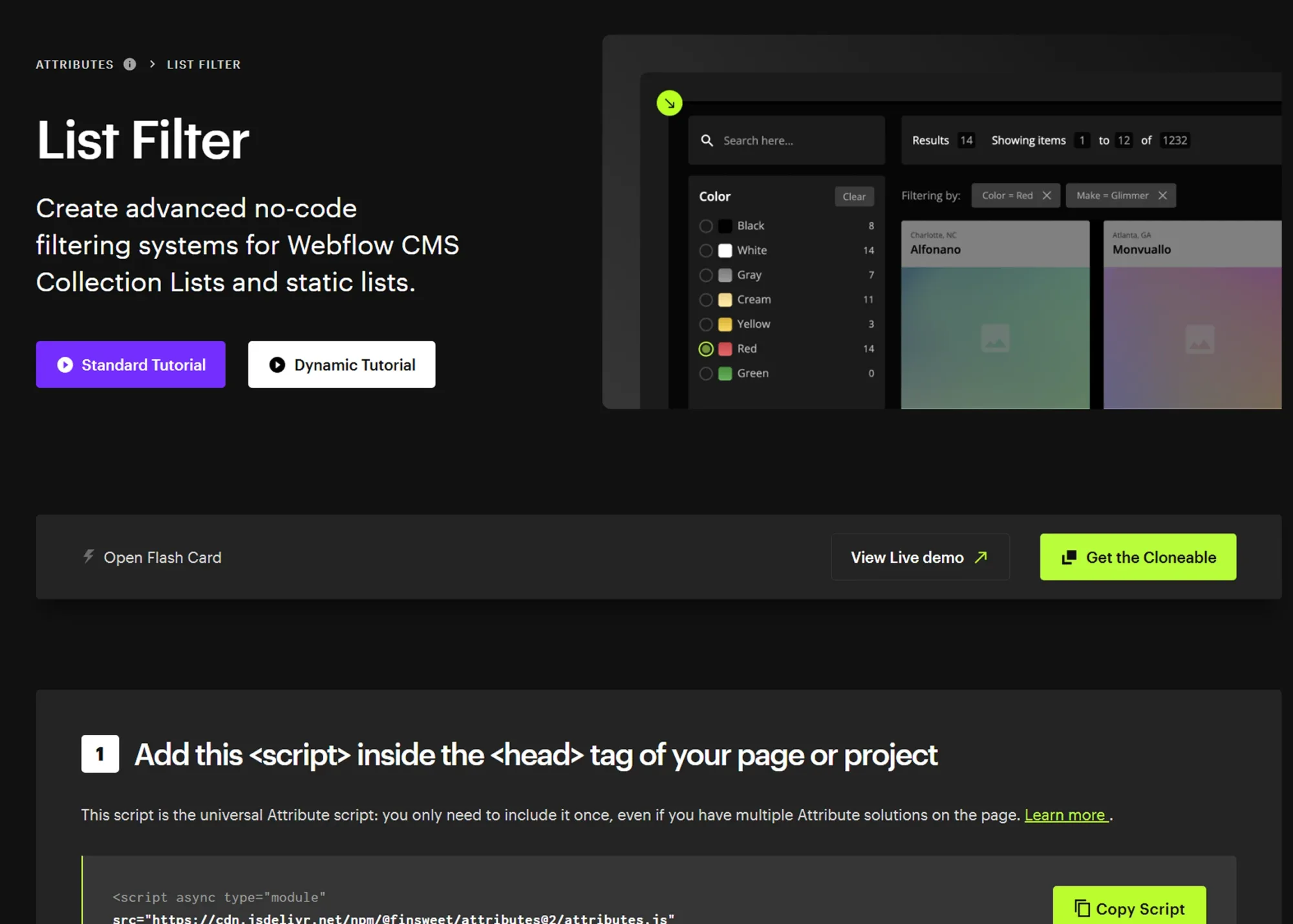 Finsweet Attributes documentation showing how to set up CMS list filtering in Webflow.