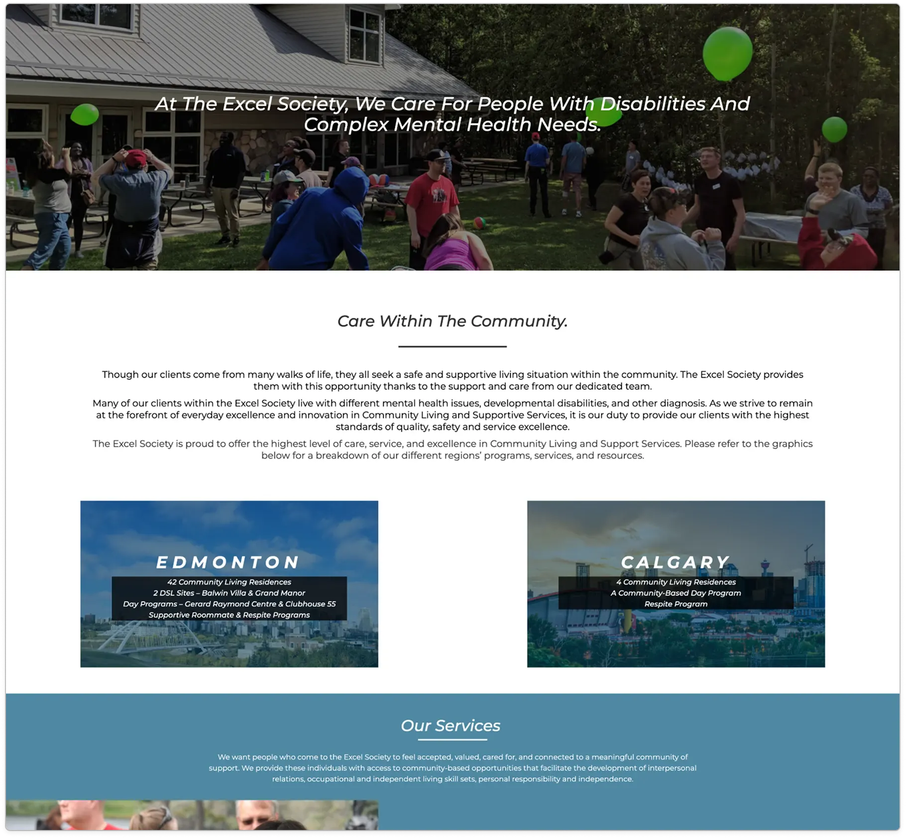 Excel Society's original Services page: a hero, an introduction about community care, and a two-column list of services in Edmonton and Calgary.