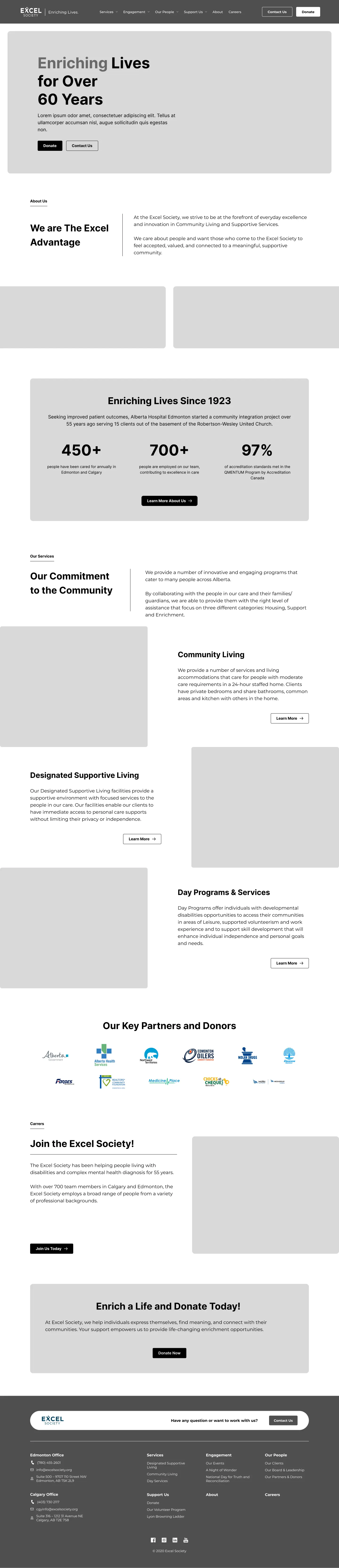 Mid-fidelity wireframe for the Excel Society homepage with navigation, hero, and key content sections.
