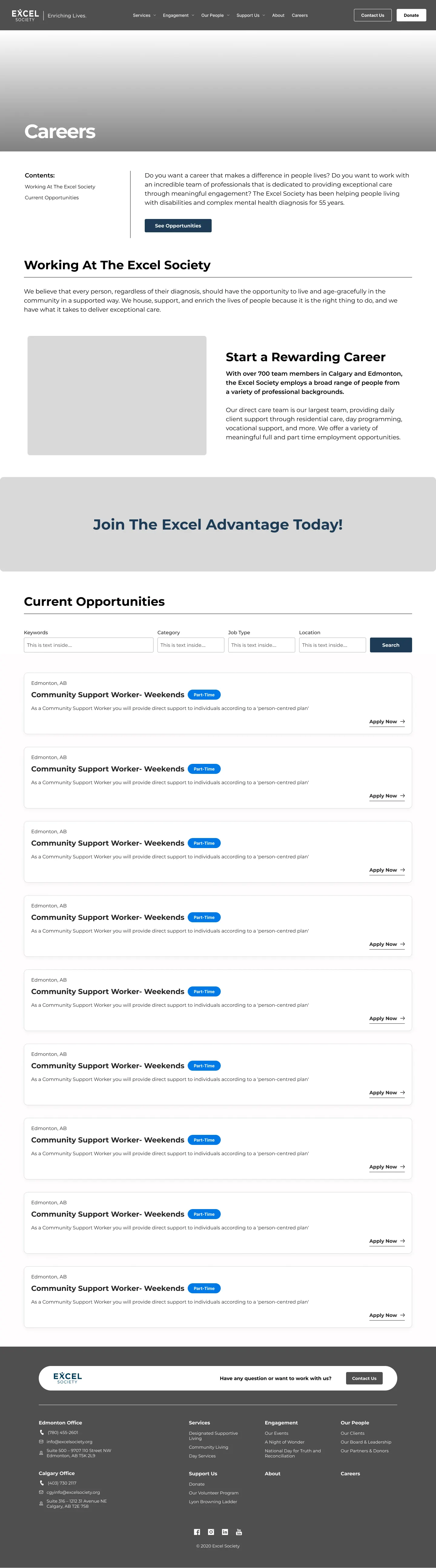 Wireframe of the Careers page with an employment philosophy section and a job listings module with filters.