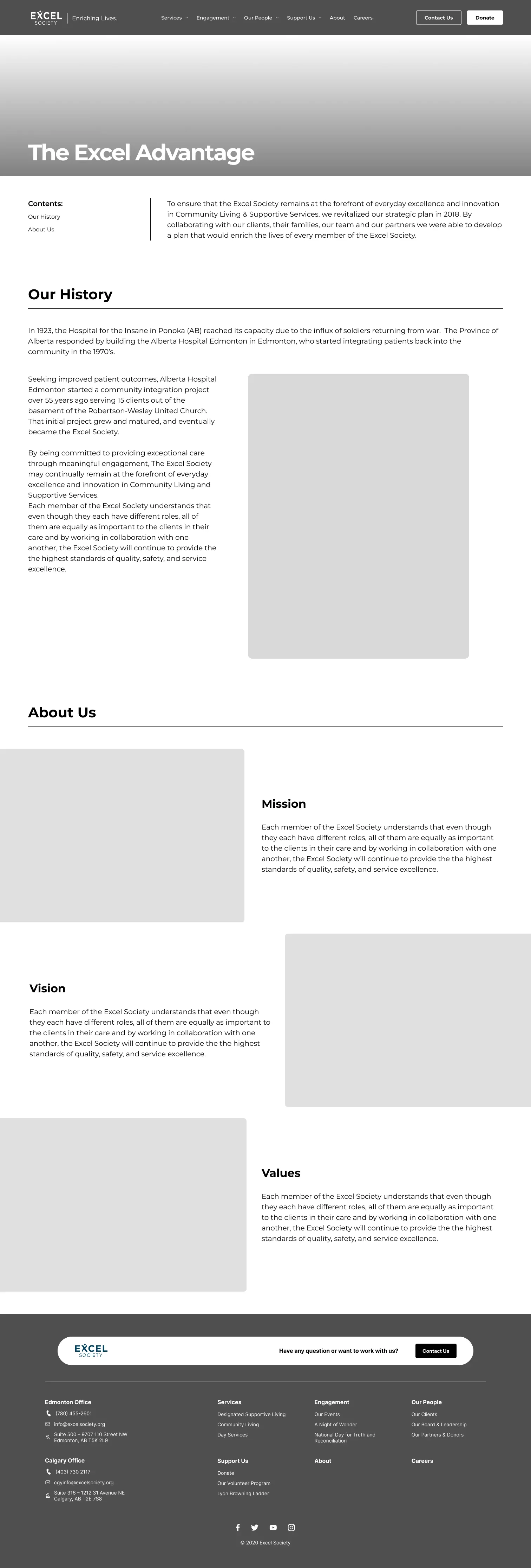 Wireframe of the Excel Advantage page with sections on the organization's history, mission, vision, and values.