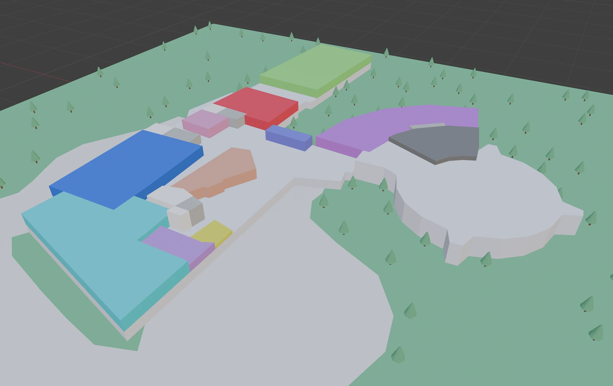 A coloured 3D site model with exhibit zones highlighted, for the 2D and 3D navigation feature.