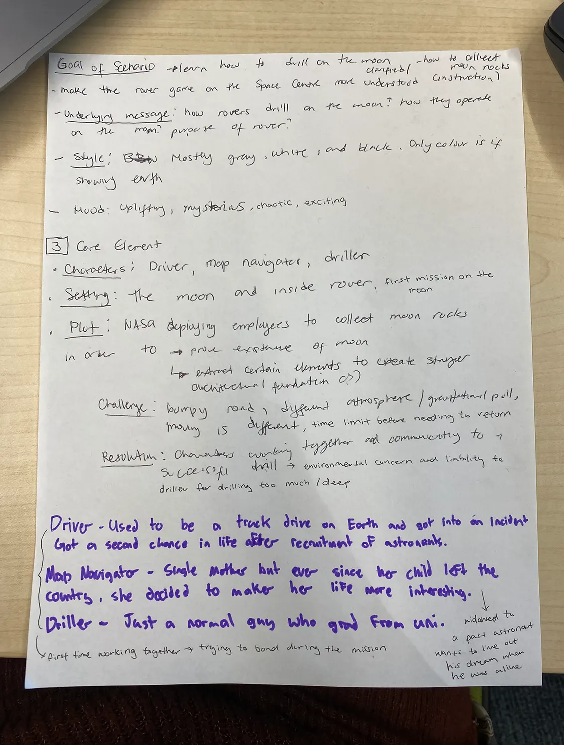 A handwritten scenario about a rover team drilling for moon rocks under tough conditions.