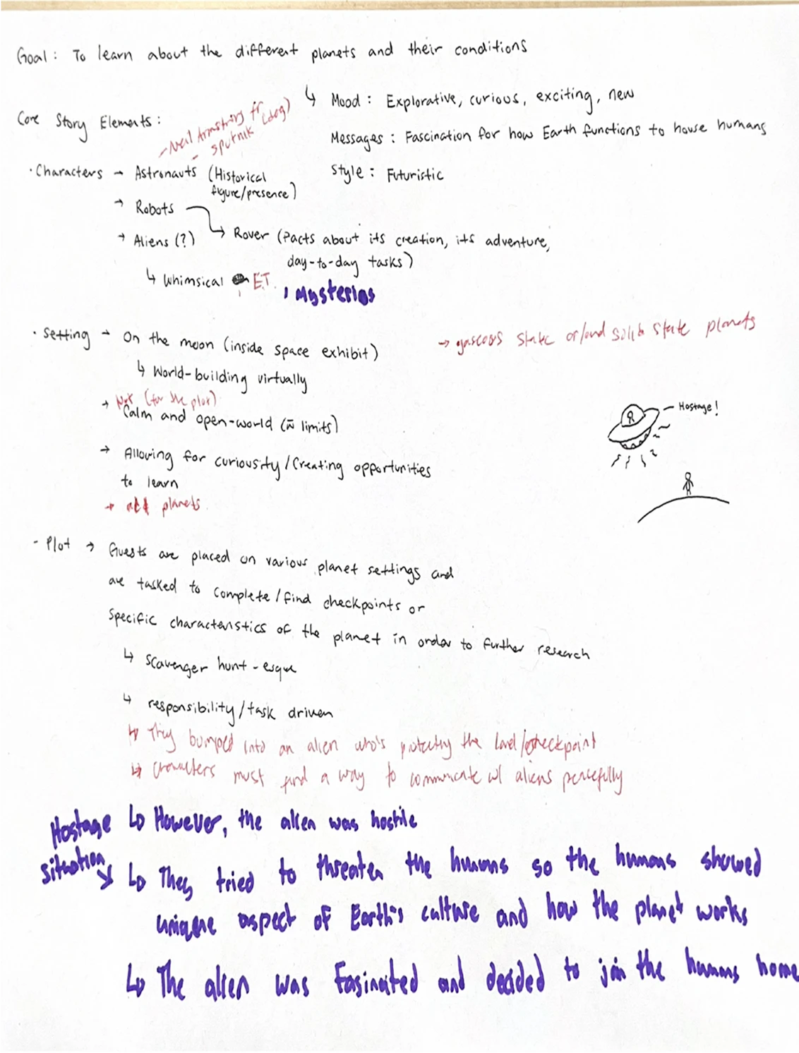 A handwritten scenario about astronauts hunting planets and peacefully befriending aliens.