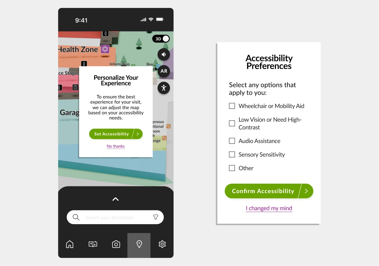 An accessibility menu listing options to tailor the map visuals and routes.