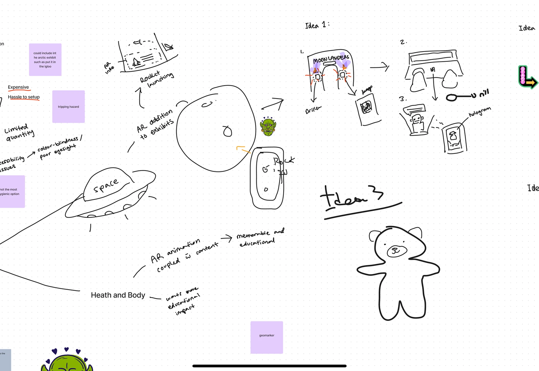 A mixed concept: AR animations, space and body exhibits, fact-scanning, and a mascot guiding kids.