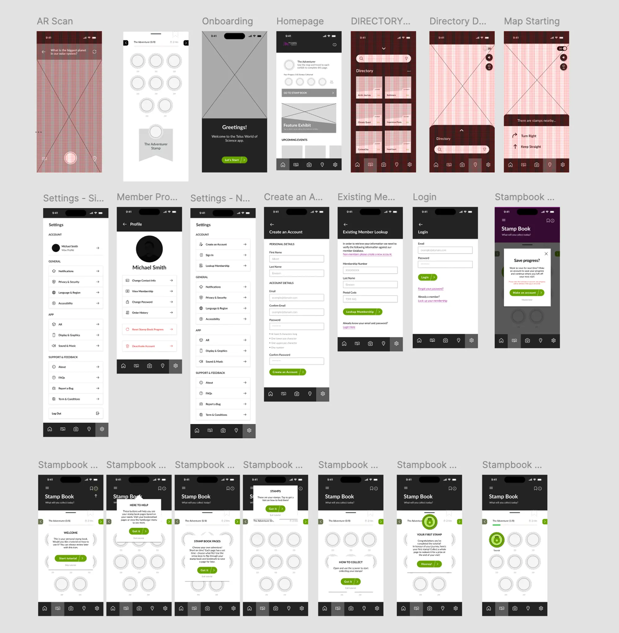 An early mid-fidelity wireframe of the AR app: onboarding, homepage, directory, and map screens.