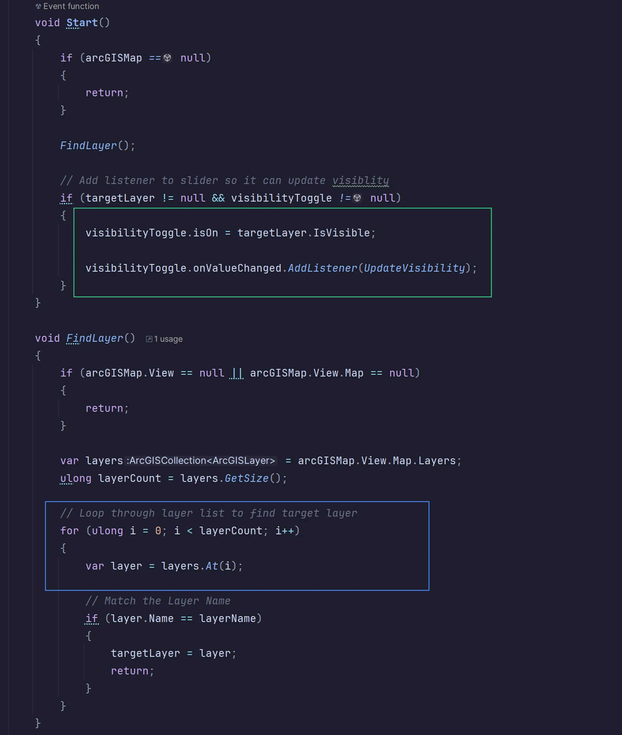 Our C# code: a loop syncing a UI toggle's state with a map layer's visibility.