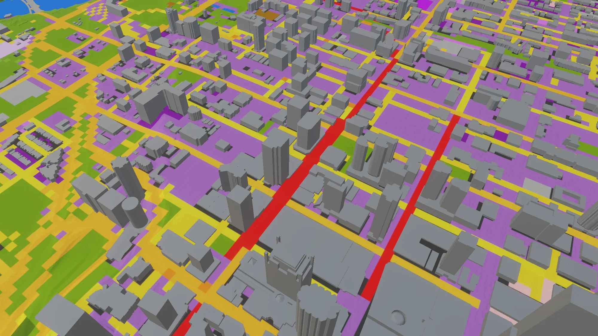 A VR view of Edmonton with coloured data layers projected onto the 3D model.