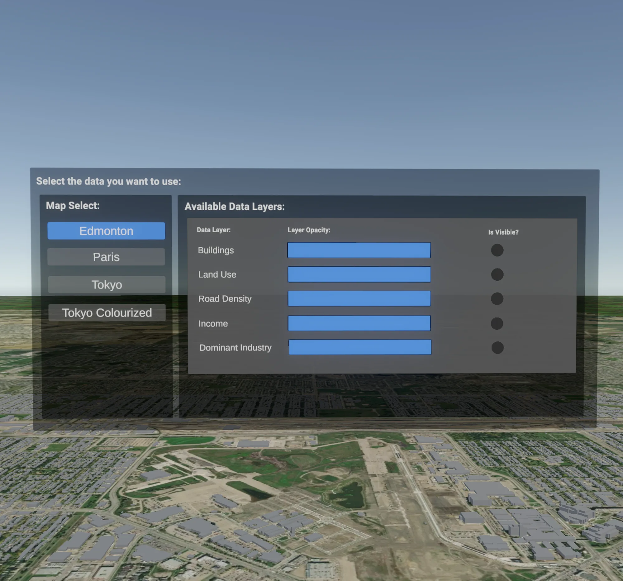 The floating VR UI: map-select buttons and sliders for layer opacity.