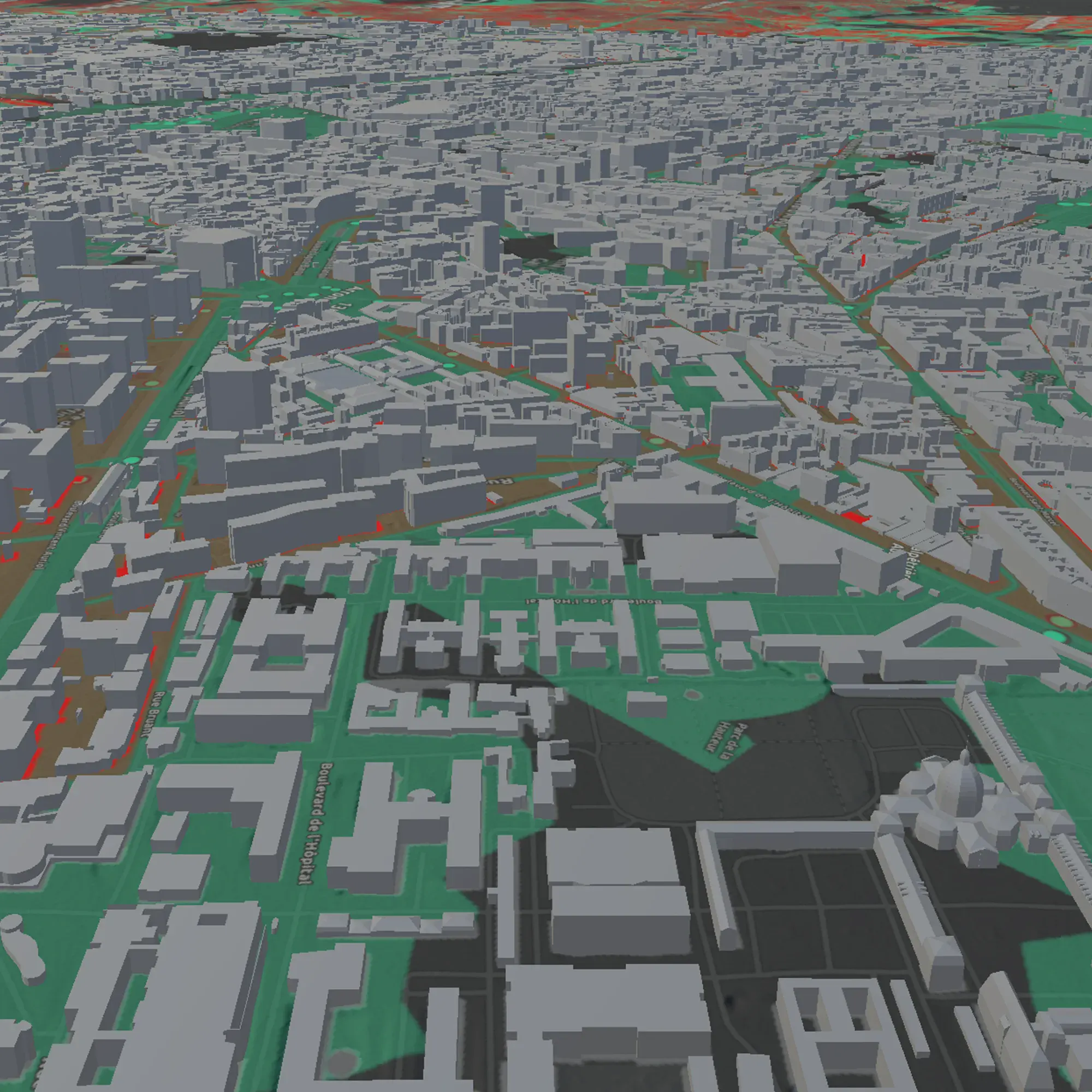 VR view of Paris's 3D cityscape rendered as unshaded building blocks.