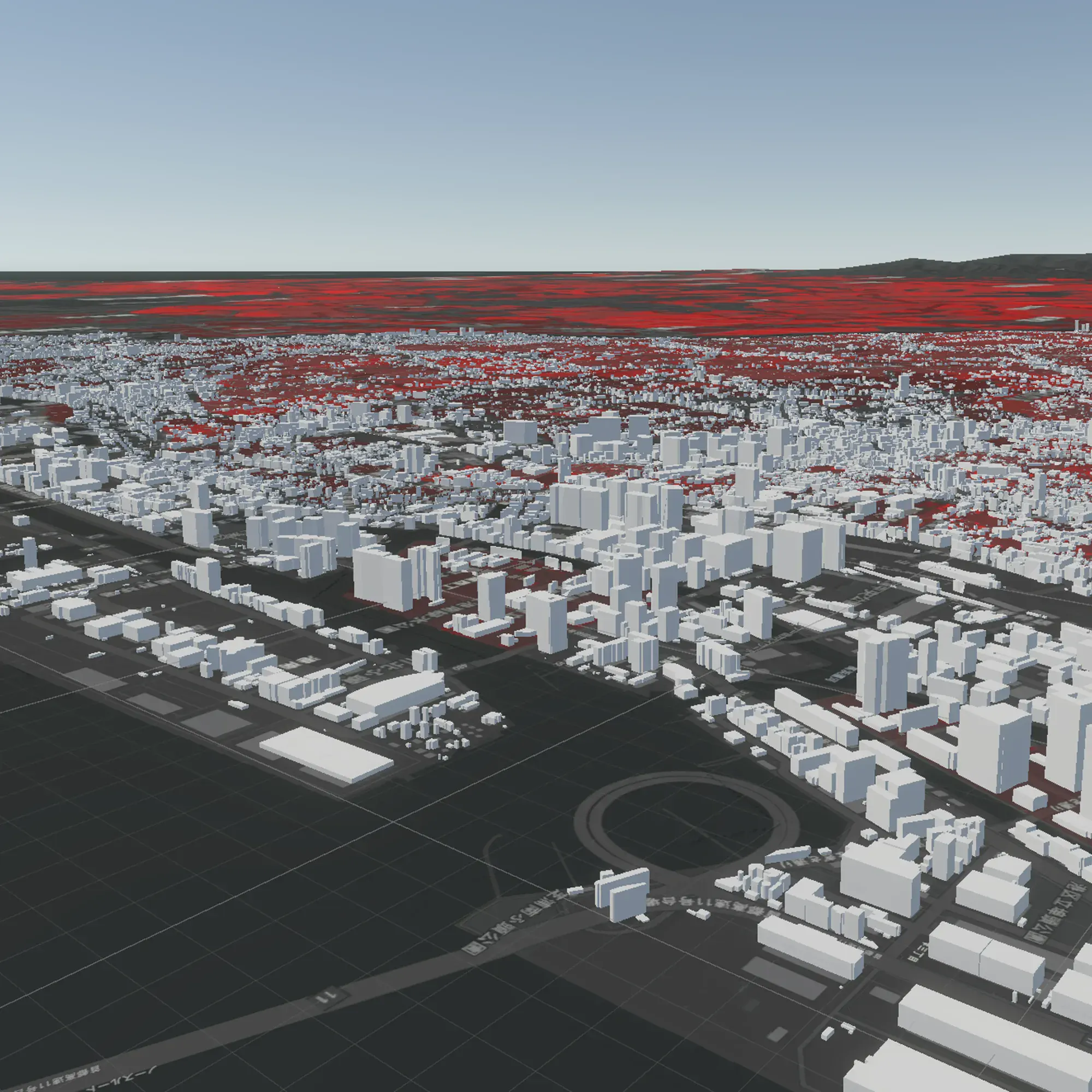 VR view of Tokyo's 3D cityscape rendered as unshaded building blocks.