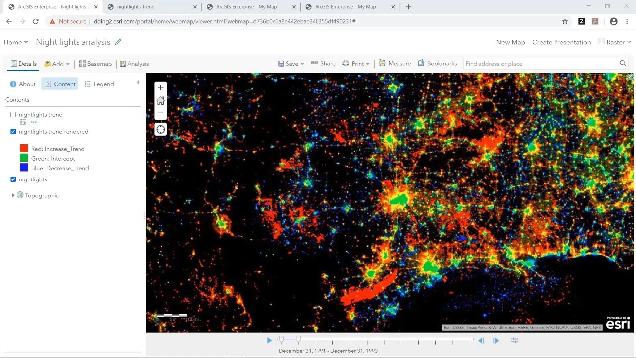 An ArcGIS Enterprise web map showing a red, green, and blue night-lights trend rendering.