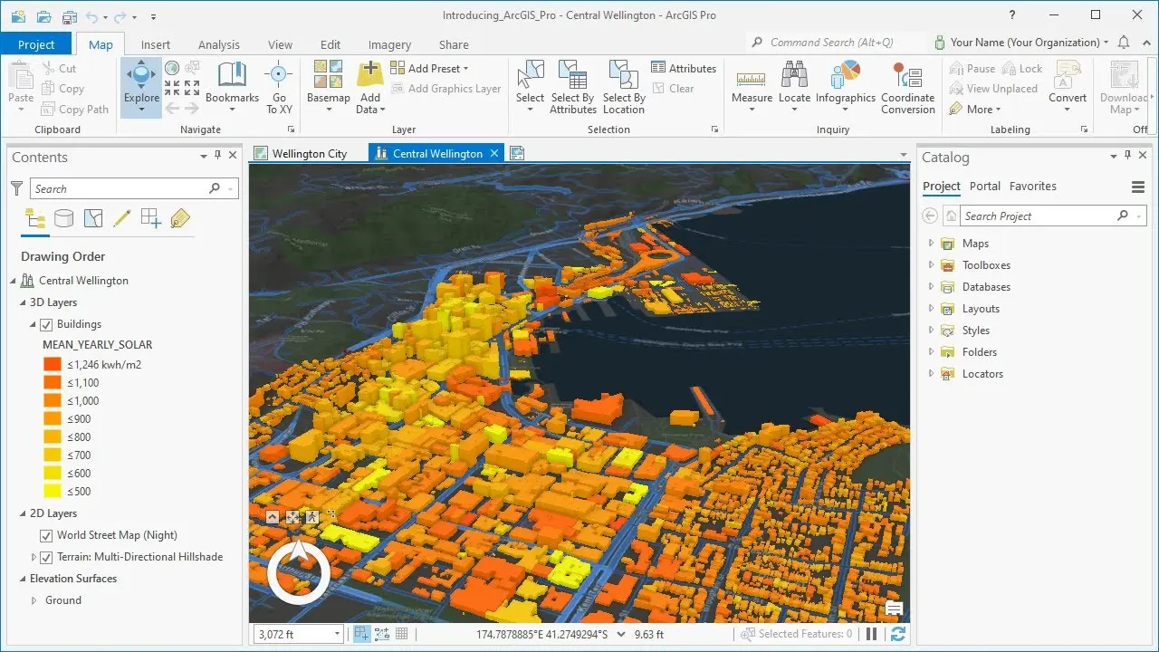 An ArcGIS Pro 3D view of Wellington buildings coloured by annual solar potential.